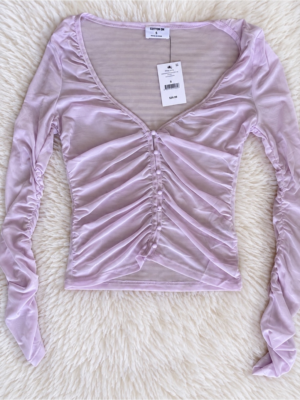 Cotton On Pale Lilac Ruched V-Neck Long Sleeve Top